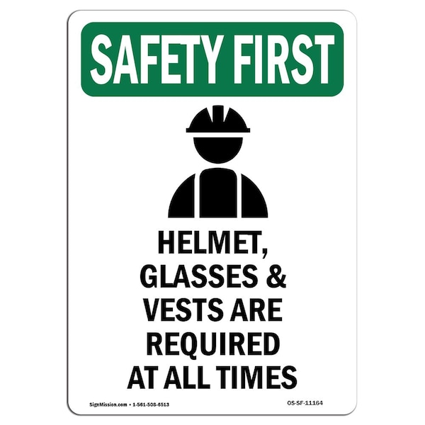 Signmission OSHA Sign, Helmet Glasses And W/ Symbol, 10in X 7in Rigid Plastic, 7" W, 10" H, Portrait OS-SF-P-710-V-11164 - main